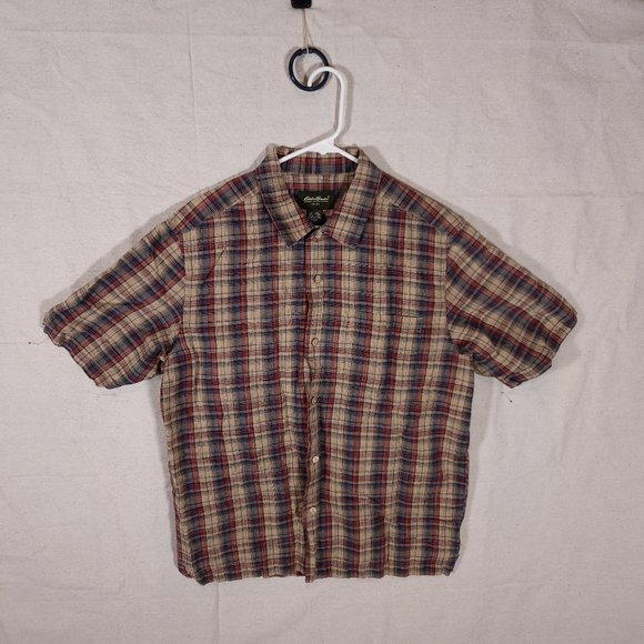 Eddie Bauer Linen Cotton Button Shirt Mens Medium Plaid Short Sleeve Pocket - Picture 1 of 14